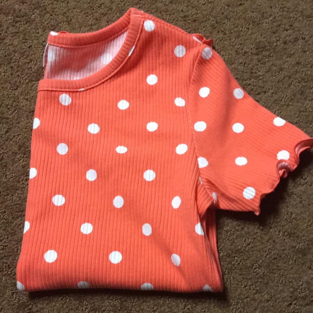 Old Navy Girls size 10 - 12 orange, white polka dots short sleeve tshirt….EUC